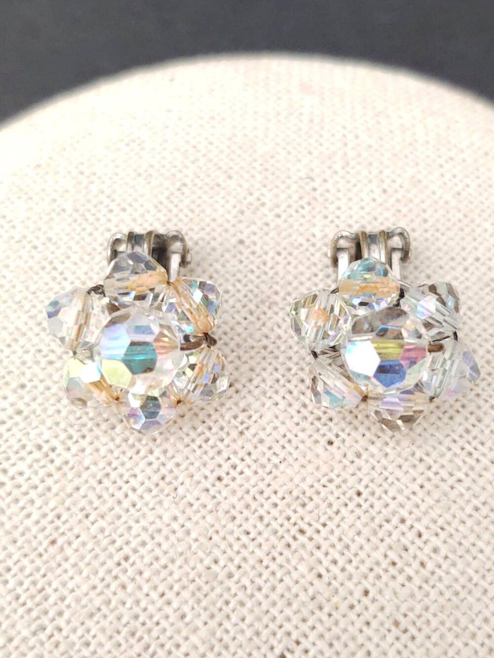 Vintage aurora borealis crystal clip on earrings
